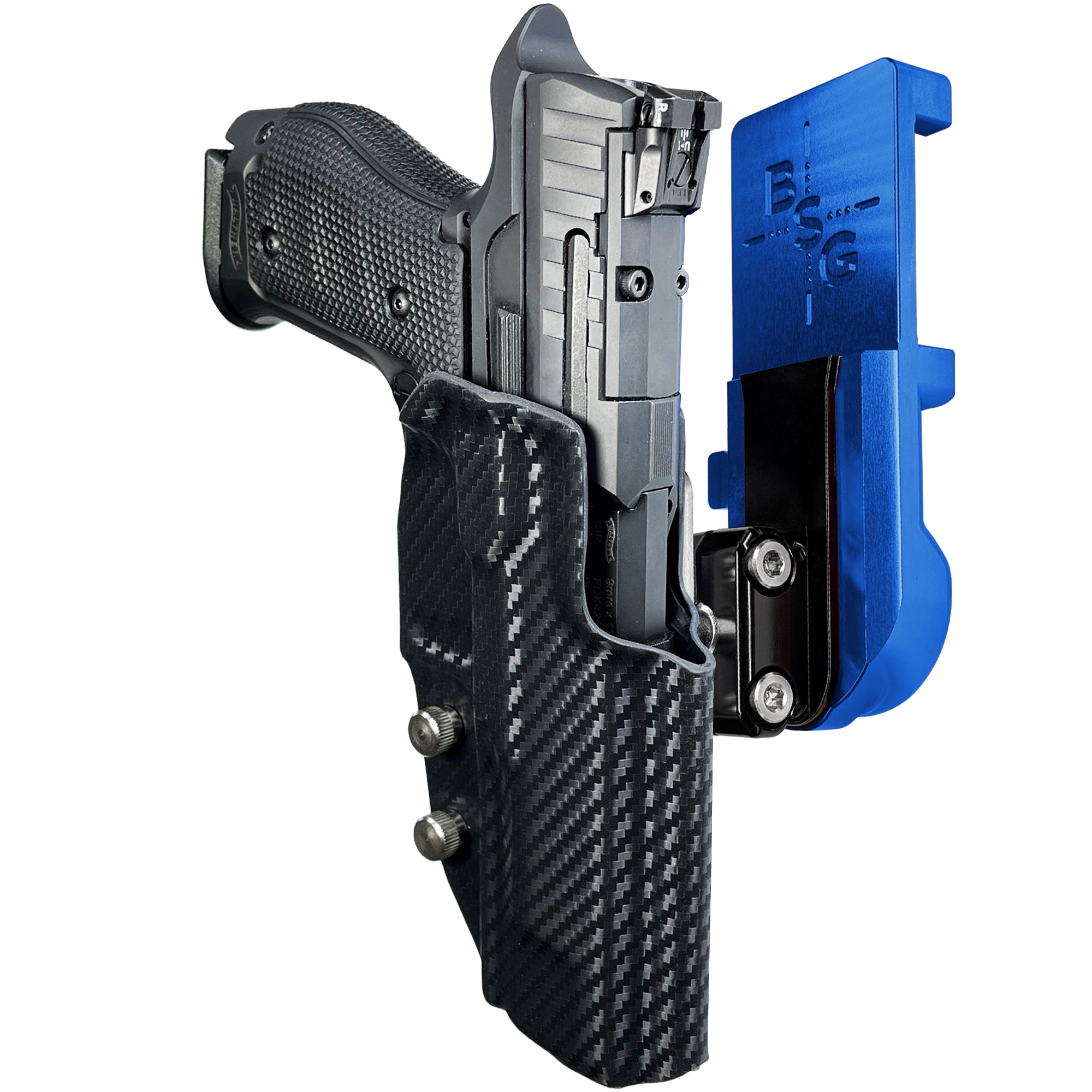 Walther Q5 Match SF IPSC/USPA Quick Mount Ball Joint Holster with Blue Belt Attachment, Carbon Fiber Holster Shell