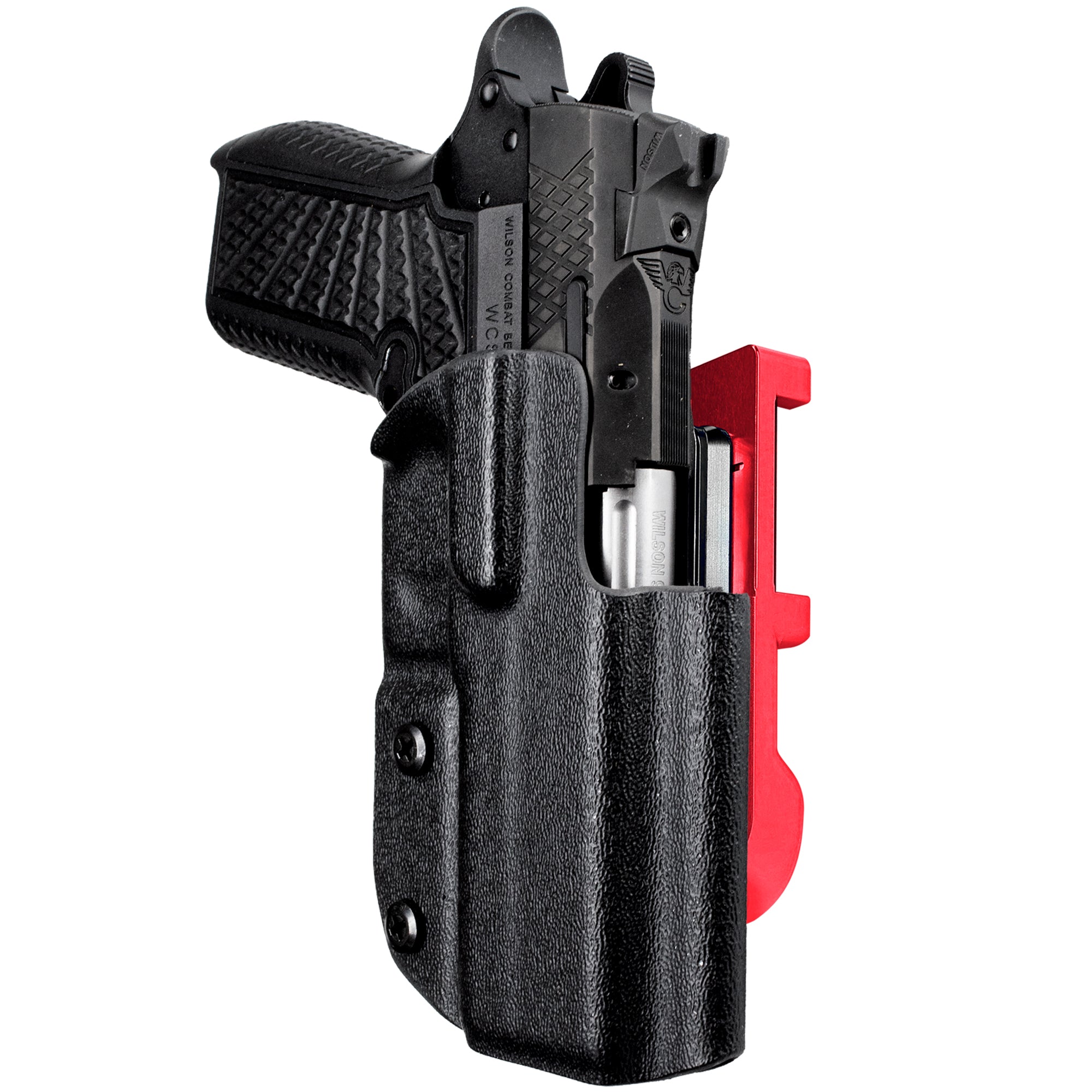 Wilson C. SFX9 4in IDPA Quick Mount Holster with Red Belt Attachment, Black Holster Shell