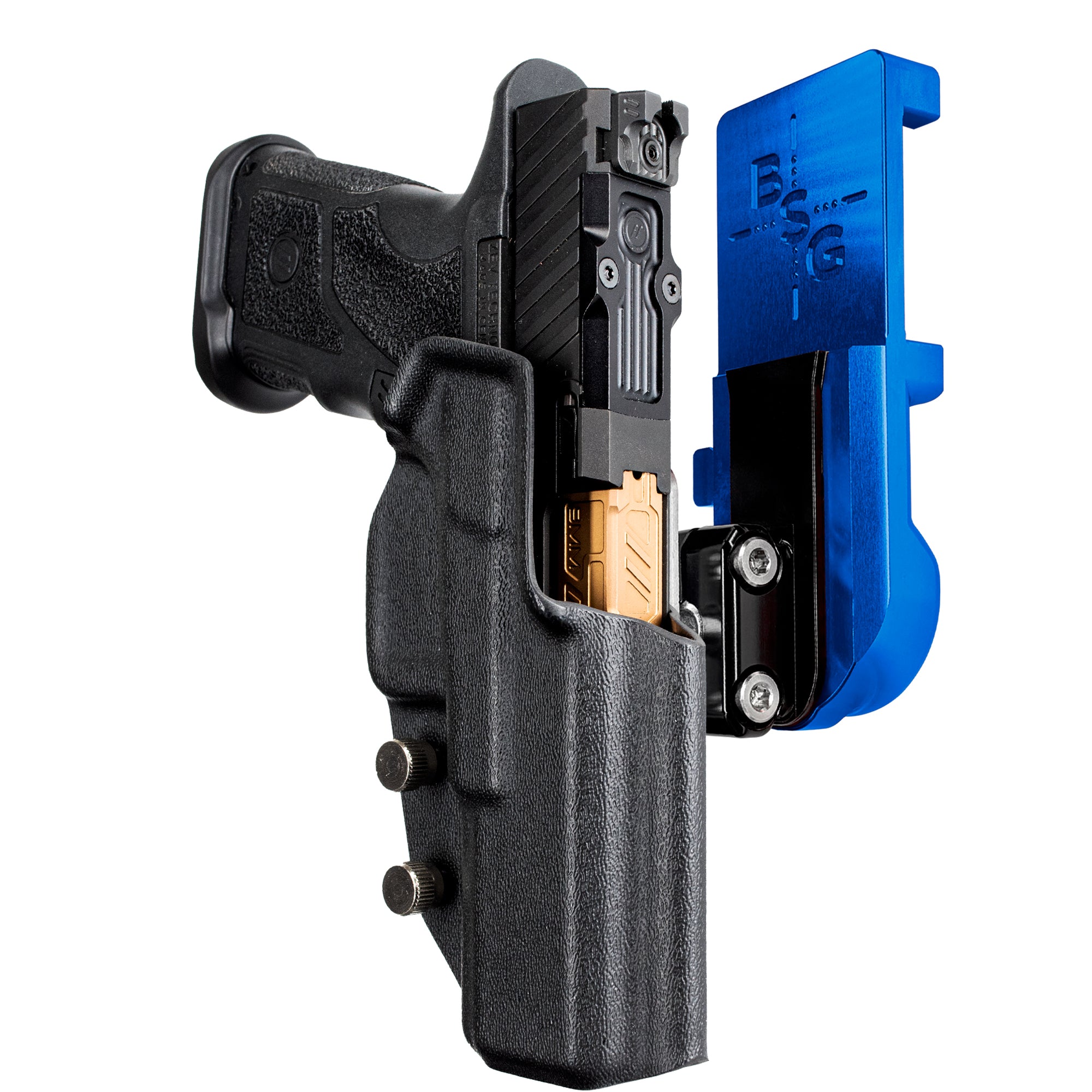 ZEV OZ9 4.48'' IPSC/USPA Quick Mount Ball Joint Holster with Blue Belt Attachment, Black Holster Shell