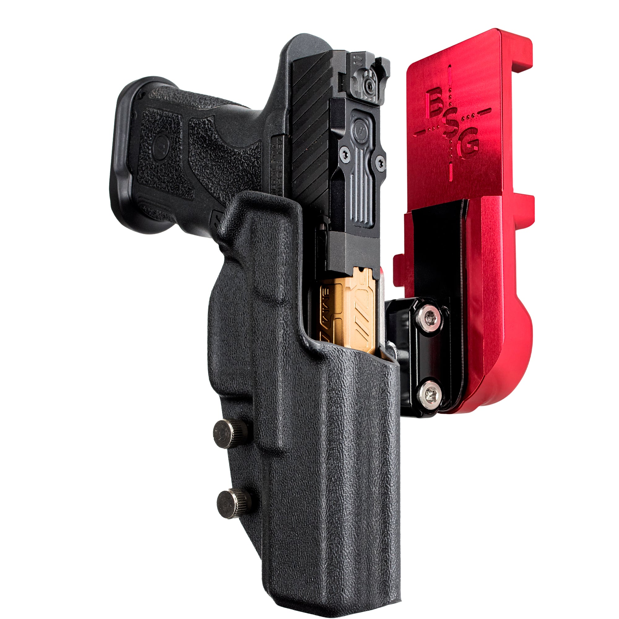 ZEV OZ9 4.48'' IPSC/USPA Quick Mount Ball Joint Holster with Red Belt Attachment, Black Holster Shell