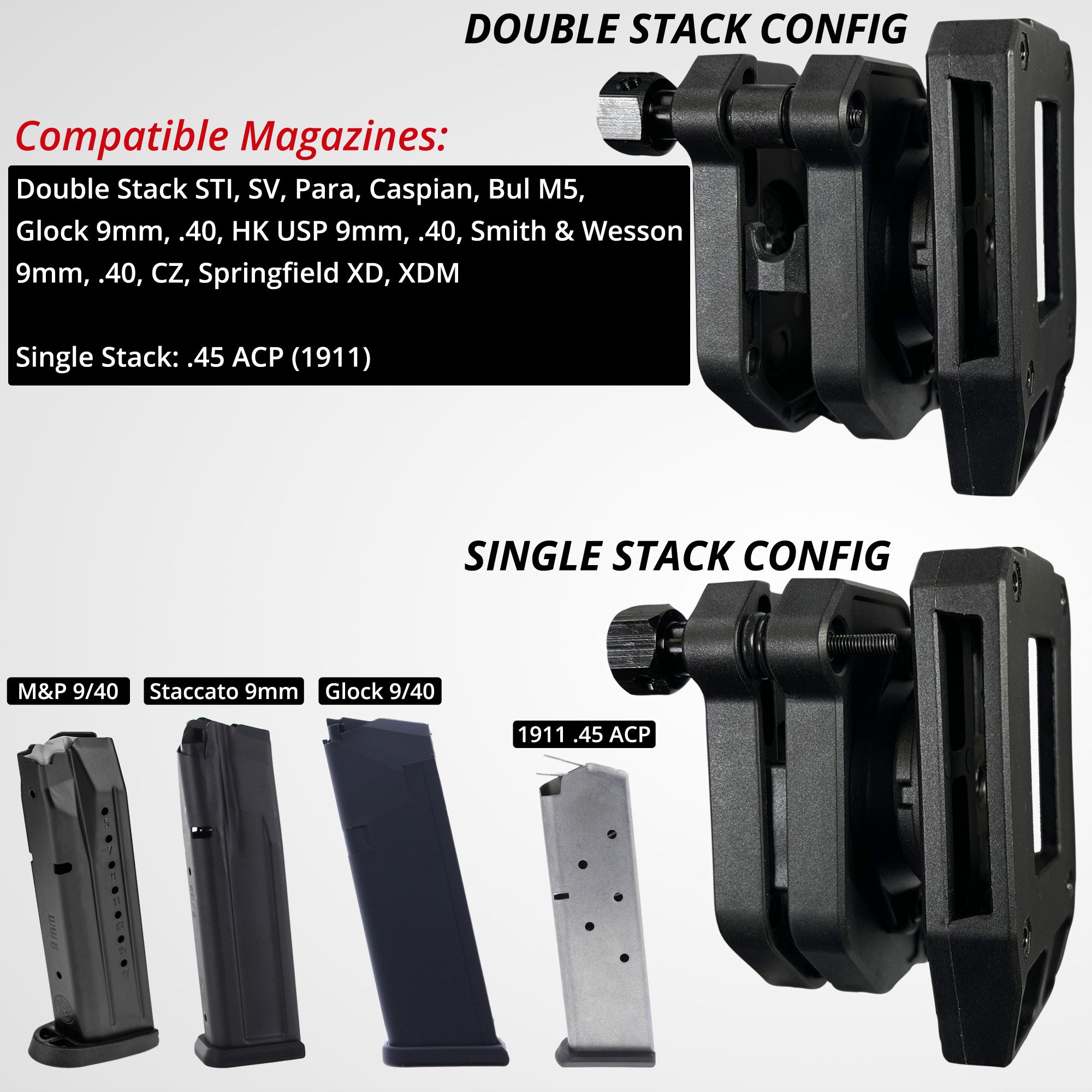 Competition Rig - 1 Heavy Duty Belt w/ 3 Ambidextrous Single/Double Stack Magazine Pouches and 1 Magnetic Magazine Pouch
